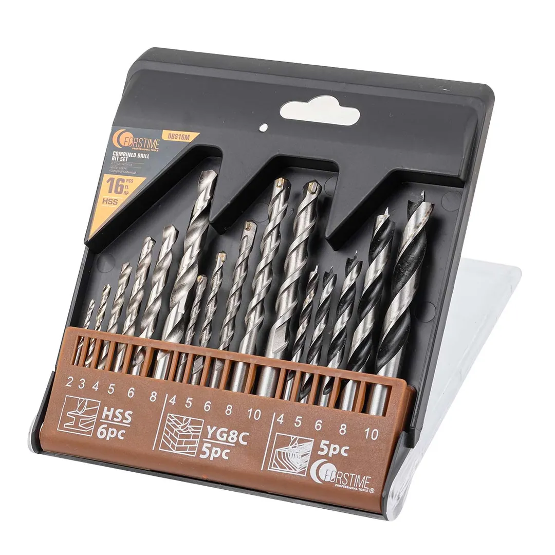 Комбинированный набор сверл 16 пр, по металлу: 2-6, 8 мм, по бетону: 4-6, 8, 10 мм, по дереву: 4-6, 8, 10 мм FORSTIME FT-DBS16M