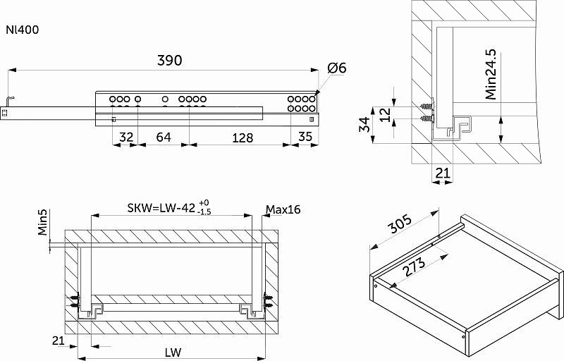 Направляющая скрытого монтажа L-400 с доводчиком ДСП до16mm насадной монтаж 3/4 с фиксаторами AKS 113089