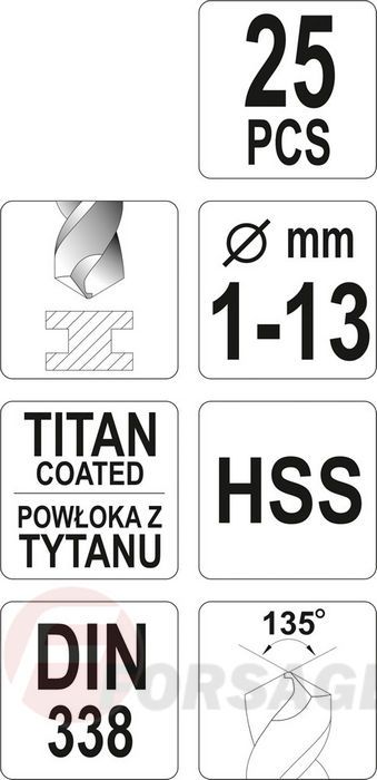 Набор сверл по металлу 1-13 мм HSS-TiN 25 пр. Yato YT-44676