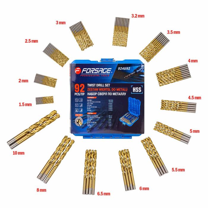 Набор сверел по металлу HSS, 92 пр. 1.5-10 мм Forsage F-924U92