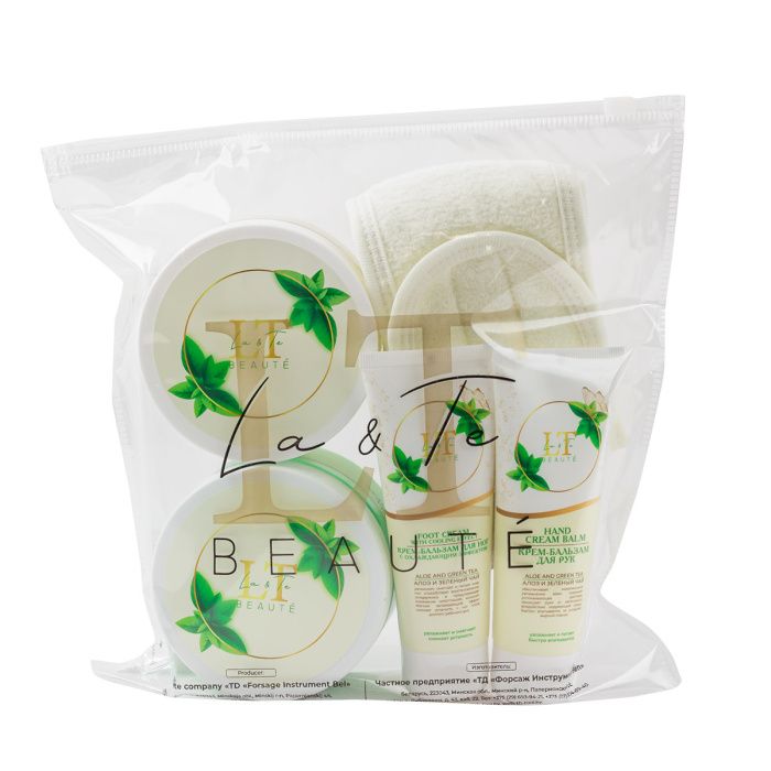 Набор Алоэ и зеленый чай, крем бальзам для рук, гель-скраб для тела, крем для тела, крем для ног, повязка на липучке La and Te beaute LT-40