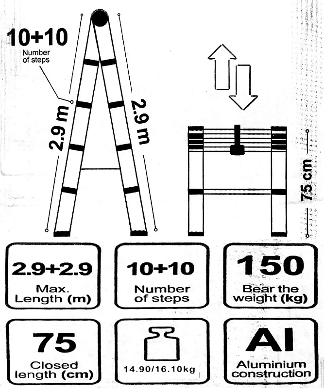 Стремянка телескопическая алюм. бытовая 2.9м 10+10 ступ. Scheppach Sch-UP290-2