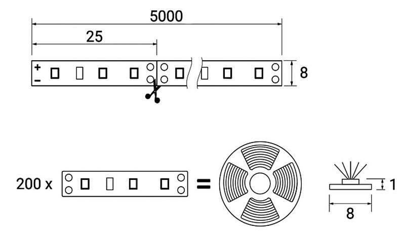 Лента светодиодная 9,6W/m, 24V, 8мм, 2835, 120 д/м, IP20, теплый белый, 3000K, CRI>70, 950 Lm, 5м, TE 110591