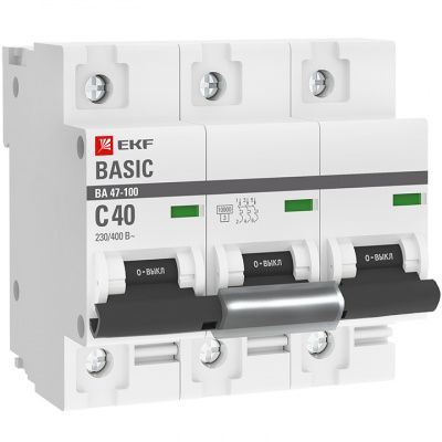 Автоматический выключатель 3P 40А (C) 10kA ВА 47-100 EKF Basic mcb47100-3-40C-bas