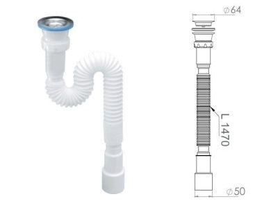 Сифон 1 1/2"х40/50 гофрированный, удлинённый, выпуск 64 мм, AV Engineering AVE129782