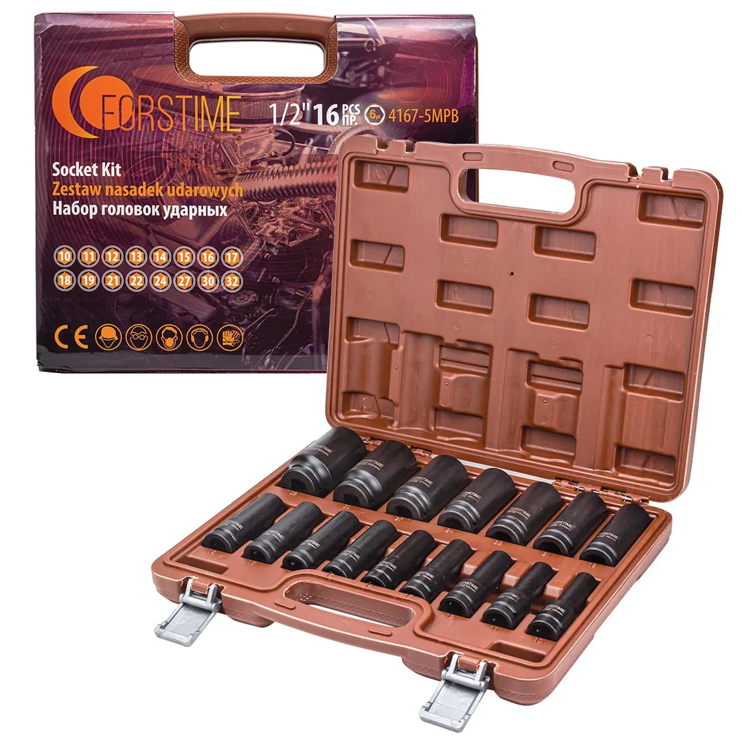Набор головок ударных глубоких 10-19, 21, 22, 24, 27, 30, 32 мм 1/2'' 6-гр 16 пр FORSTIME FT-4167-5MPB