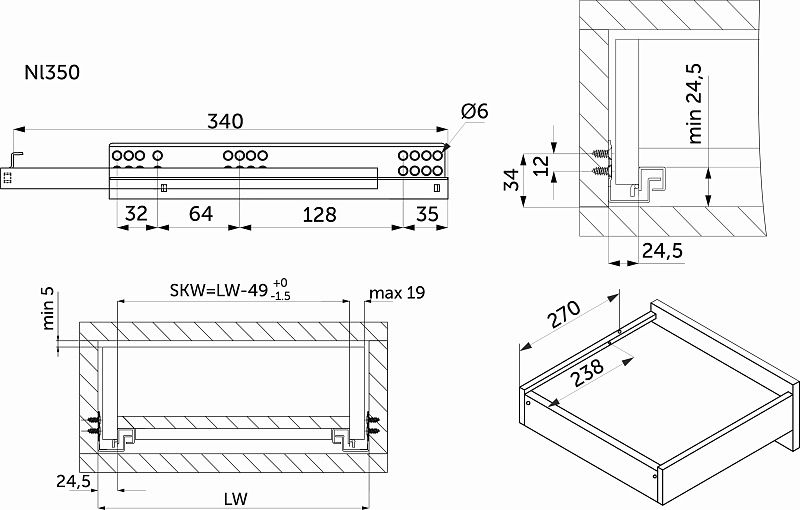 Направляющая скрытого монтажа L-350 с доводчиком ДСП до19mm насадной монтаж 3/4 с фиксаторами AKS 118582
