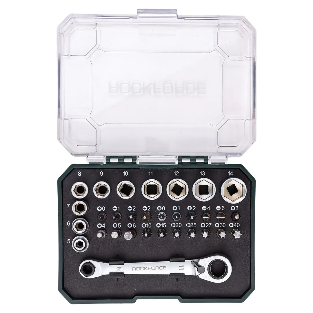 Набор головок 5-14 мм и бит PH, PZ, SL, HEX, Torx 1/4'', с трещеточным ключом 11х1/4" 31 пр RockForce RF-2311-5
