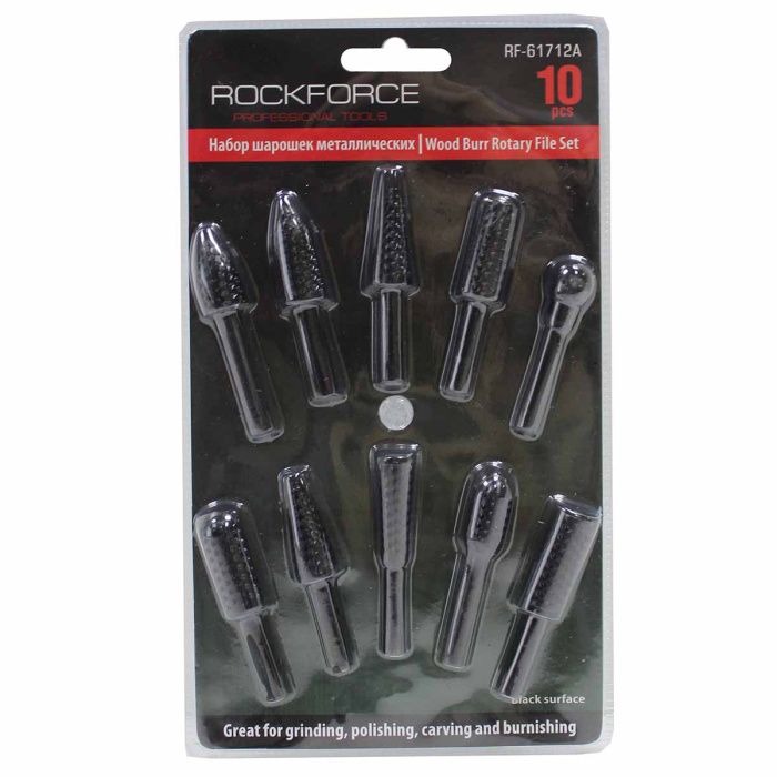 Набор шарошек металлических разнопрофильных по пластику и дереву 10 пр., Ø хв-ка 6 мм RockForce RF-61712A