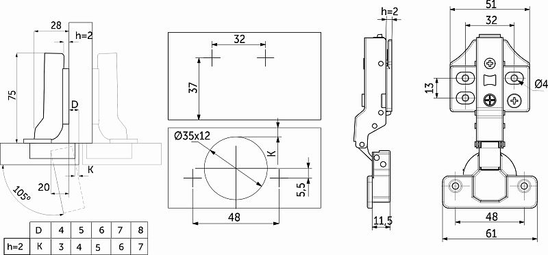 Петля полунакладная без пружины 48мм h2 clip-on 3D, саморезы, заглушки, упак 2 шт., PRIME by AKS 112709