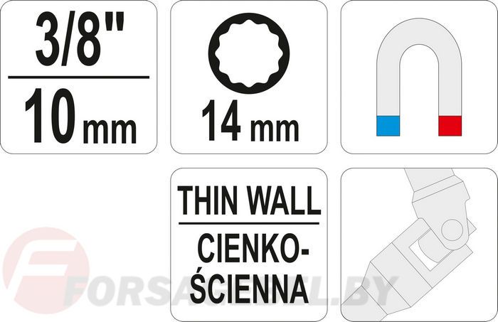 Головка свечная с шарниром 3/8'' 14 мм L63 мм CrV Yato YT-38512