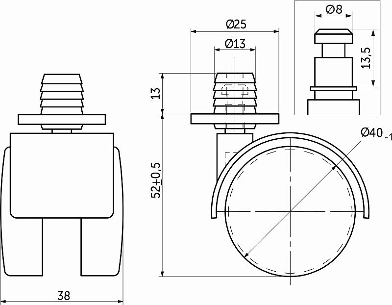 Колесо меб. пласт. d40 со штоком и втулкой, черный тип 3 AKS 78455