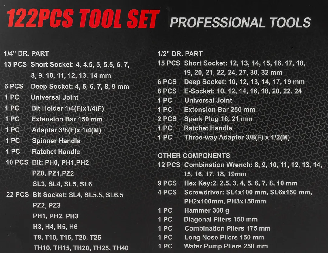 Набор инструментов 122 пр. 1/4''&1/2'' 6-гр DISEN DS38901