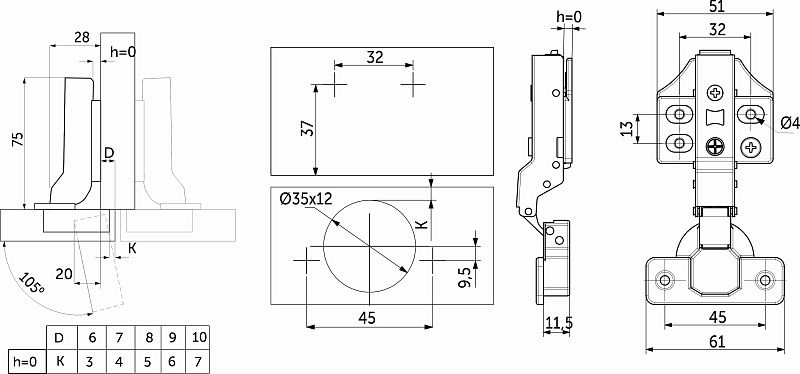 Петля полунакладная без пружины 45мм h0 clip-on 3D, саморезы, заглушки, упак 2 шт., PRIME by AKS 112708