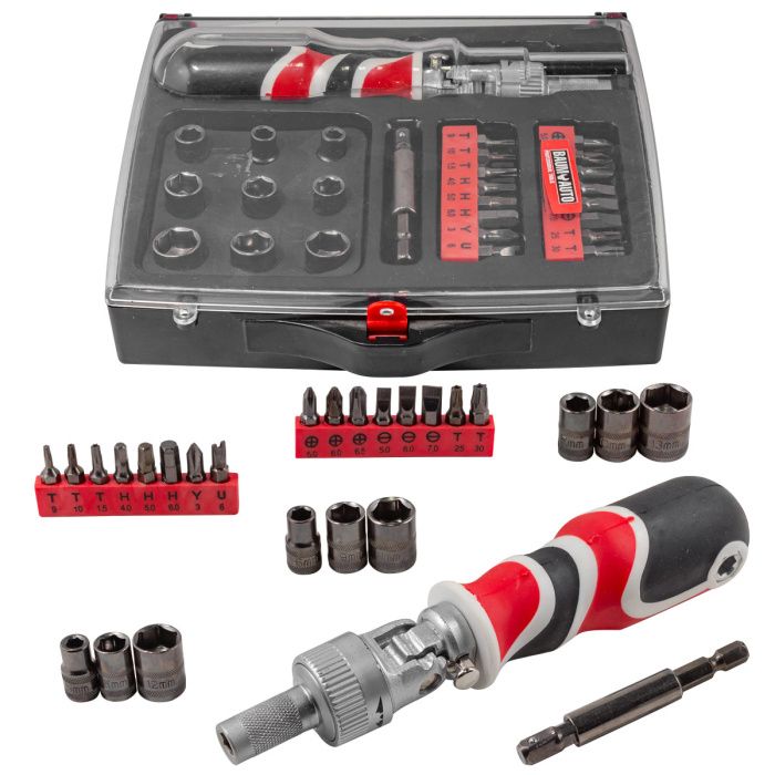 Отвертка реверсивная поворотная усиленная с комплектом бит и головок 27 пр. BaumAuto BM-30314227