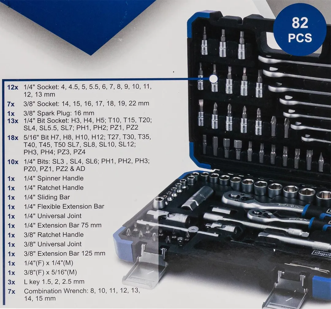 Набор инструментов 1/4''&3/8'', 82 пр. 6-гр Scheppach Sch-4821-5DS