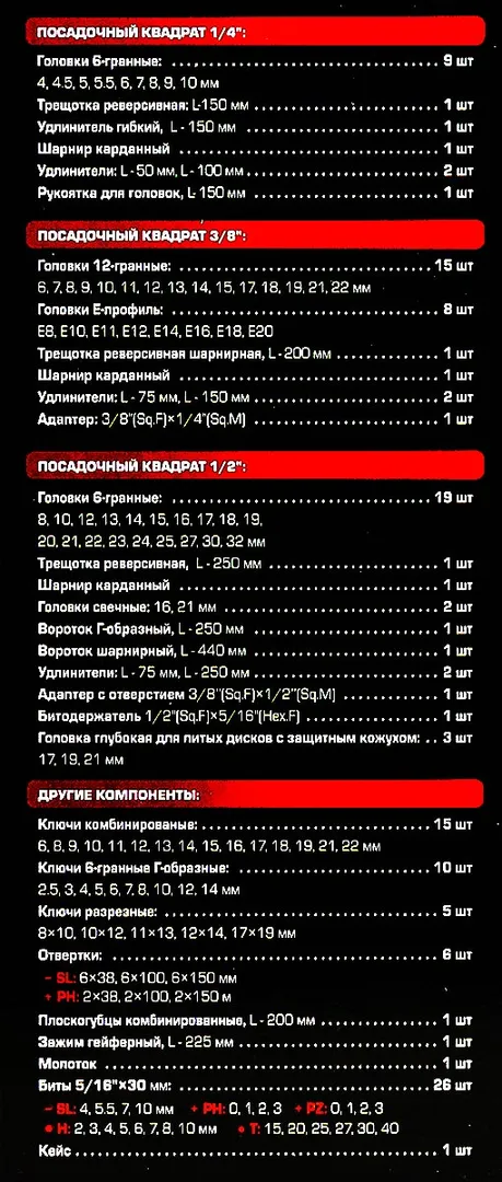 Набор инструментов 142+6 пр 1/4''&3/8''&1/2'' 6-гр RockForce RF LIGHT-41421+6