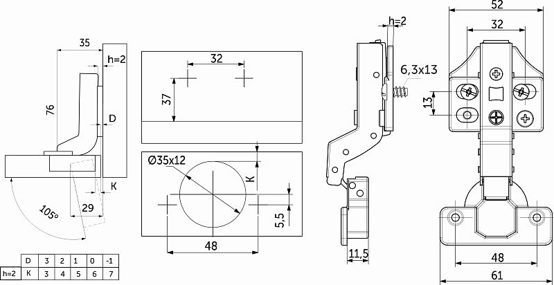 Петля внутренняя с доводчиком 48мм h2 clip-on 3D, еврошурупы, заглушки, упак 2 шт., PRIME by AKS 113409