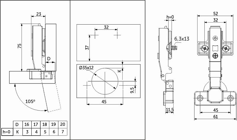 Петля накладная с доводчиком 45мм h0 clip-on, еврошурупы, заглушки, упак 2 шт., PRIME by AKS 113397