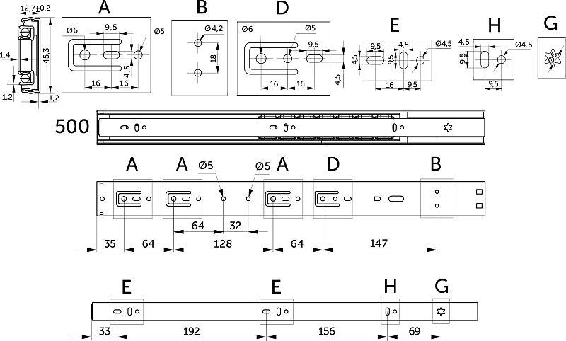 Направляющая шариковая L-500 h45 SOFT CLOSE A PRIME by AKS 114797