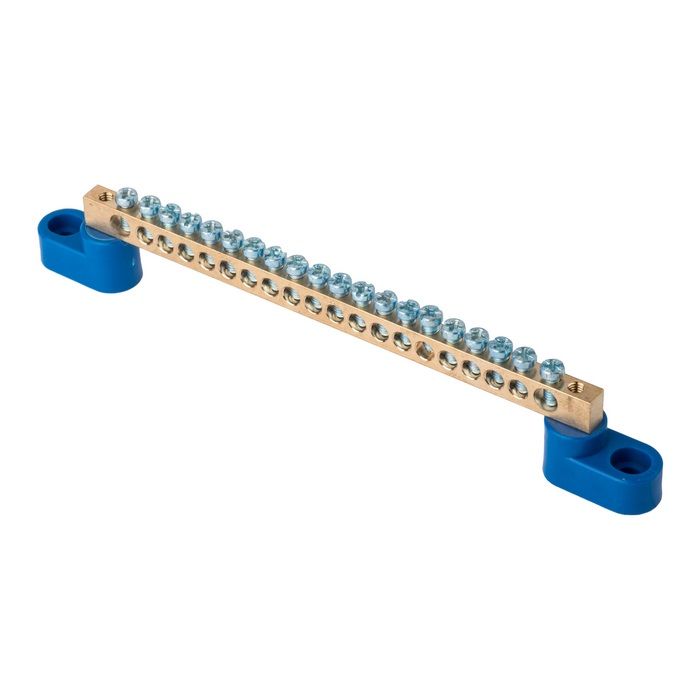 Шина "0" N (6х9мм) 20 отверстий латунь 2 синих угловых изолятора EKF PROxima sn0-2-63-20