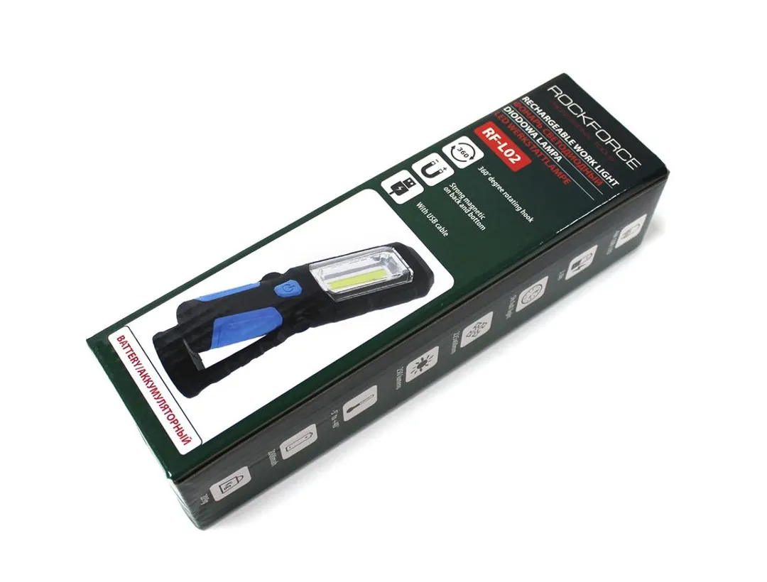 Лампа светодиодная аккумуляторная(4W COB+1W,2 магнита,крючок,180гр.,250Lm,2000mAh,зарядка12V,время раб.5ч,время заряд.3ч) RockForce RF-L02