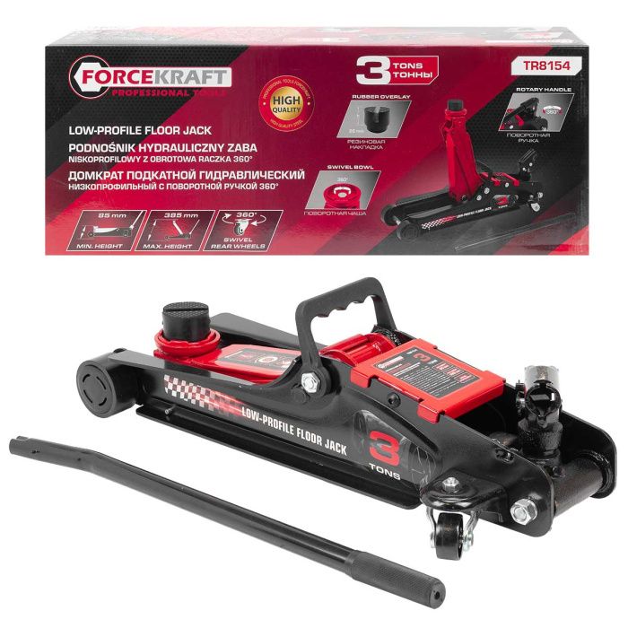 Домкрат подкатной гидравлический низкопрофильный 3 т, поворотная ручка 360°, 85-385 мм ForceKraft FK-TR8154