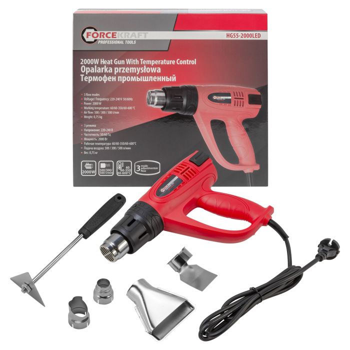 Фен промышленный электрический с насадками, 220В, ForceKraft FK-HG55-2000LED