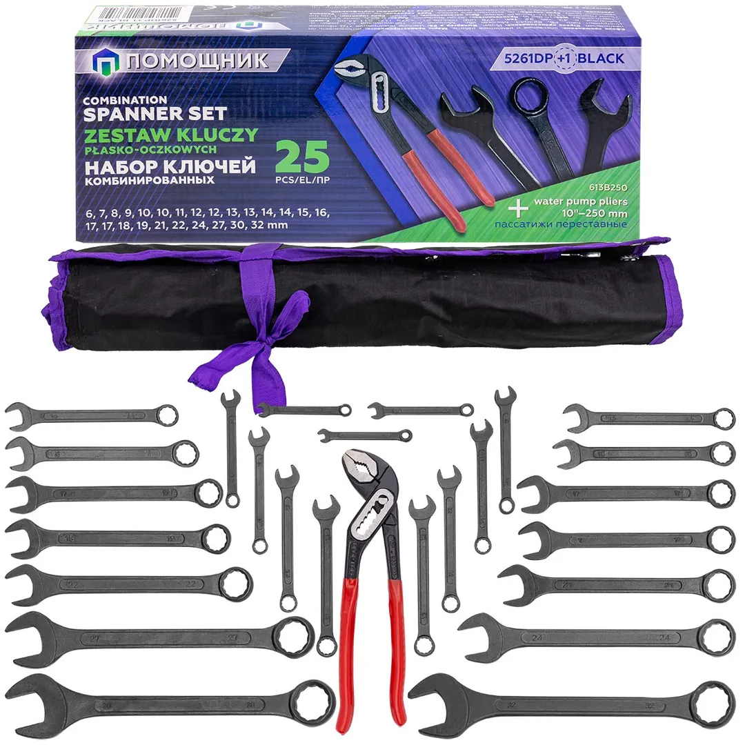 Набор комбинированных ключей 6-32 мм, пассатижи 250 мм, 26 пр Помощник 5261DP+1 BLACK