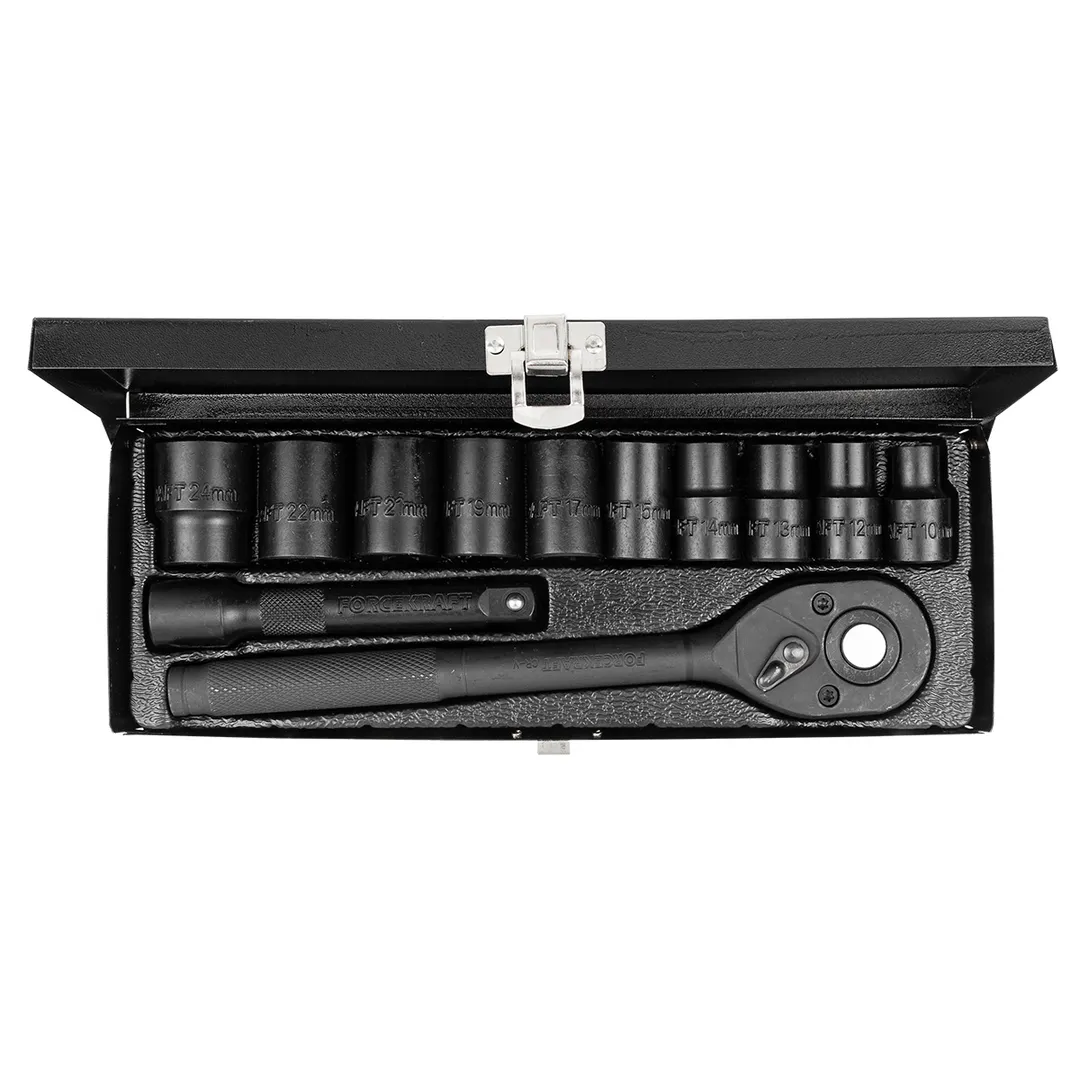 Набор ударных головок 10-24 мм с трещоткой и удлинителем 1/2'' 12-гр 12 пр ForceKraft FK-4122-9