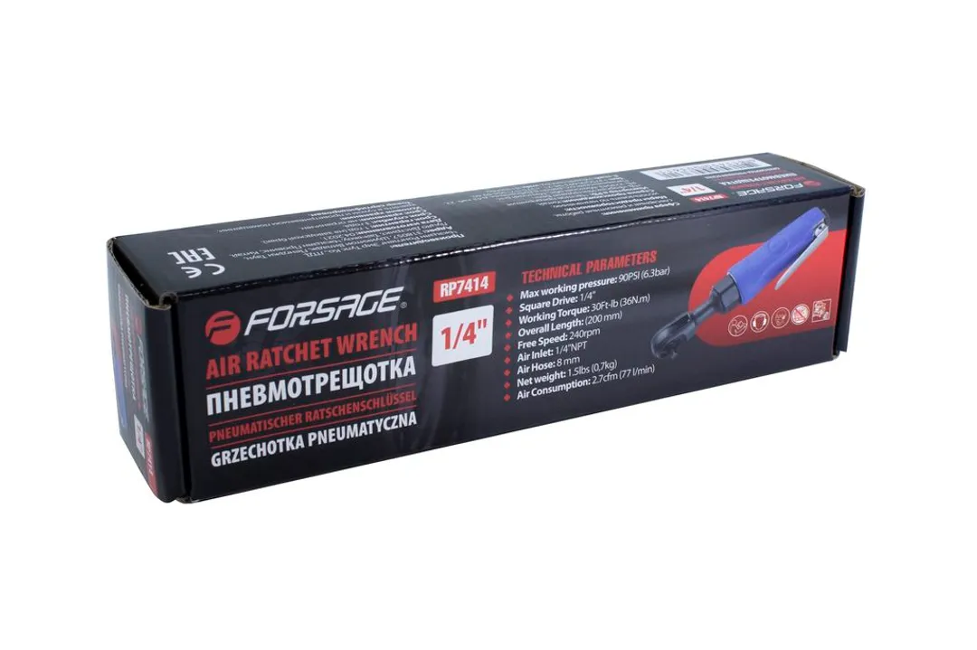 Пневмотрещотка с прорезиненной рукояткой 36Нм, 1/4'' потребление 77л/мин, 240 об/мин, L-200 мм,6.3Bar,штуцер 1/4'' Forsage F-RP7414