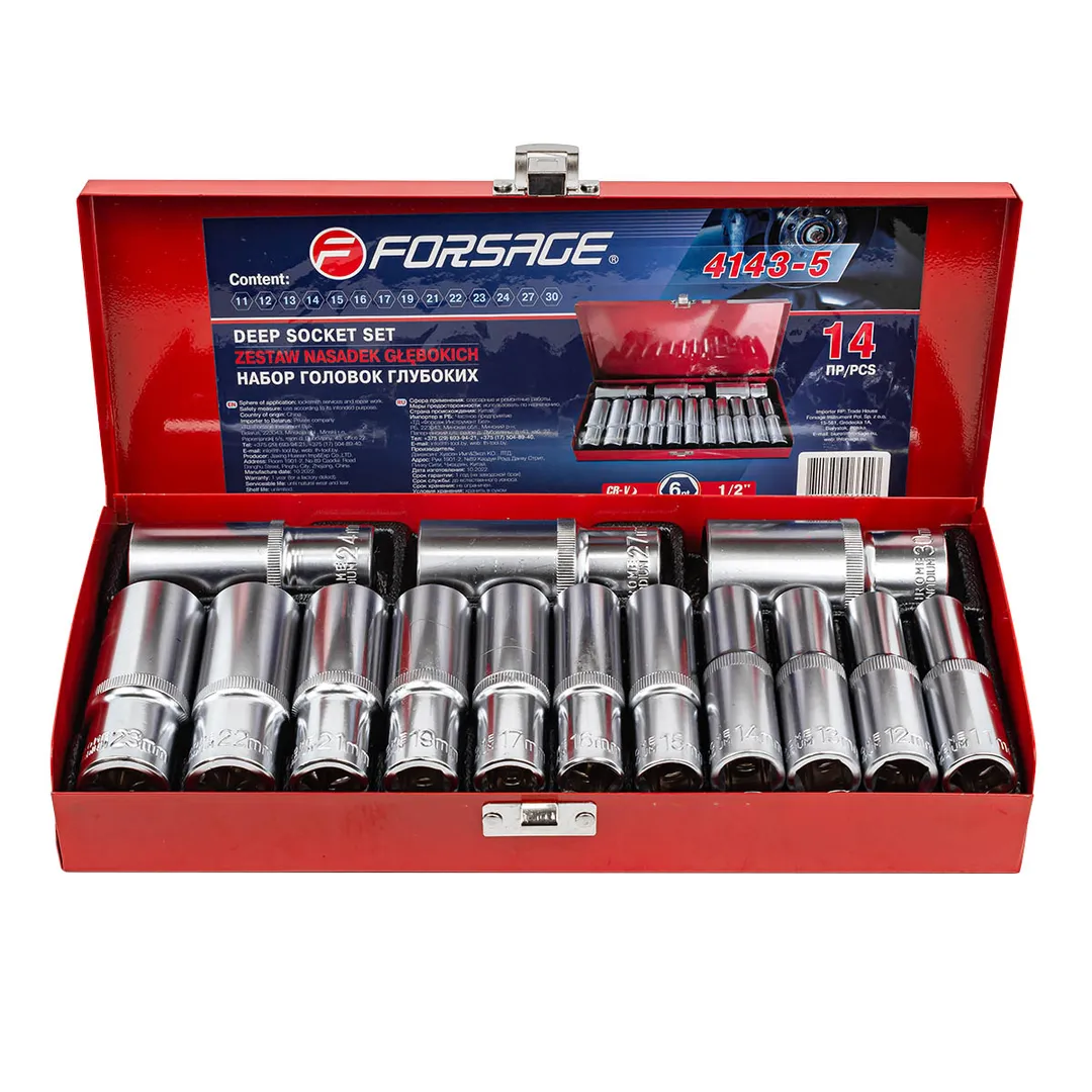Набор головок глубоких 6-гр. 1/2" 14 пр. 11-17, 19, 21-24, 27, 30 мм Forsage F-4143-5 RED