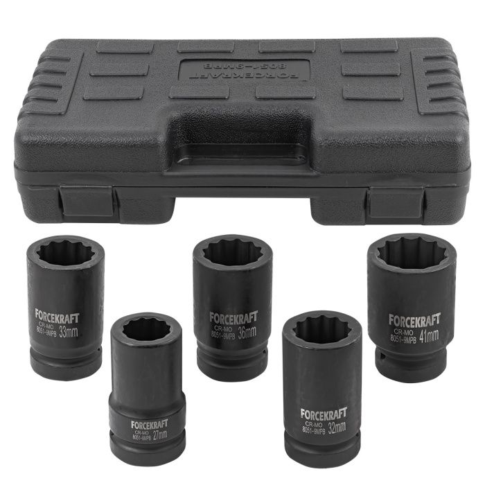 Набор глубоких ударных головок 5 пр., 1'', 12-гр. 27-41 мм ForceKraft FK-8051-9MPB