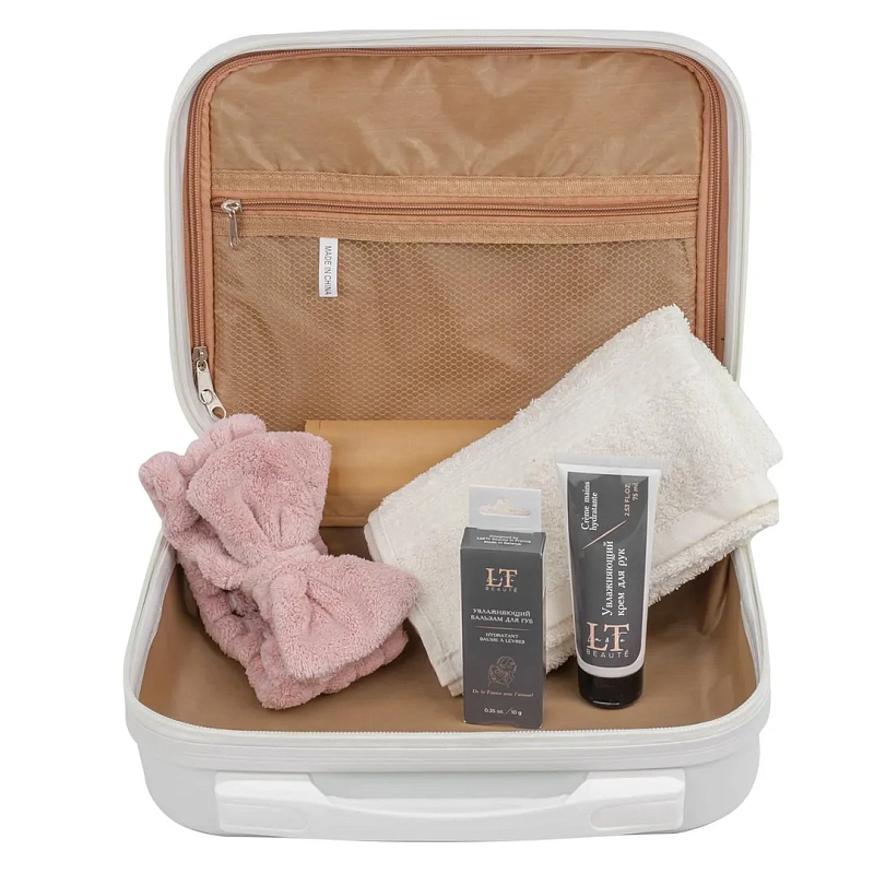 Набор, сумка белая2208#, крем для рук, бальзам для губ, повязка-бант розовая, полотенце белое La and Te beaute LT14Bag