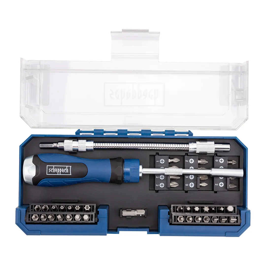 Набор бит 1/4" PH, PZ, SL, Torx, Torx TR, Hex, Square Head, с рукояткой и гибким удлинителем 43 пр Scheppach Sch-30311126