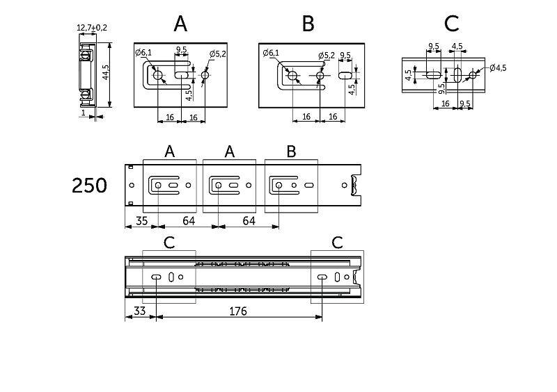 Направляющая шариковая L-250 h45 A черный PRIME by AKS 122743