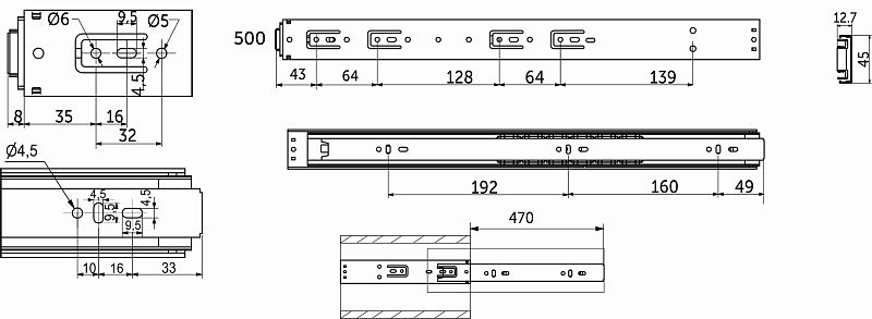 Направляющая шариковая L-500 h45 PUSH TO OPEN A PRIME by AKS 115629