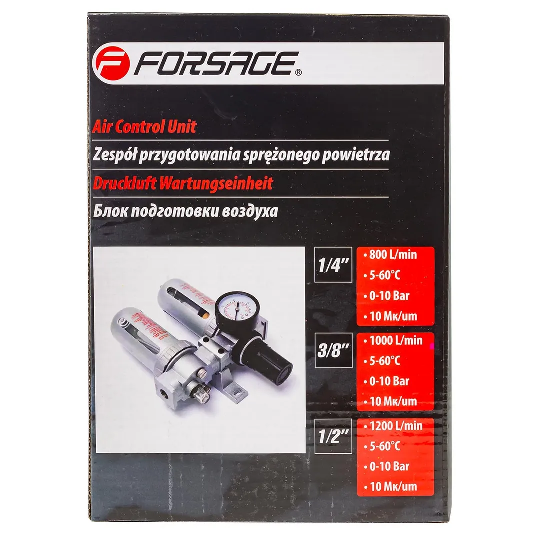 Блок подготовки воздуха 1/4'', фильтр-регулятор+лубрикатор, 10Мк, 800 л/мин, 0-10bar, раб. t 5°-60° Forsage F-AFRL802