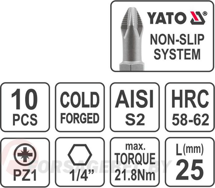 Набор бит PZ1х25 мм 1/4'' 10 пр. S2 HRC58-62 Yato YT-0470
