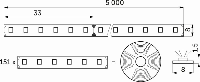 Лента светодиодная 14,4W/m, 24V, 8мм, 2835, 180 д/м, IP20, нейтральный белый, 4000K, CRI>80, 1600 Lm, 5м, AKS 115296