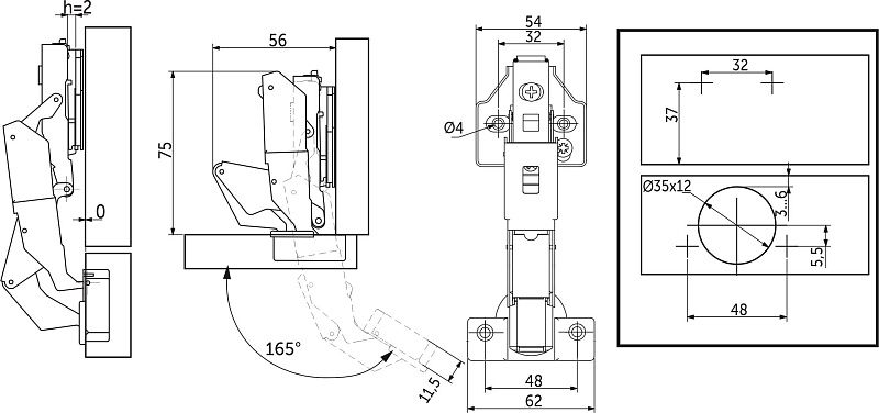 Петля 165° накладная с доводчиком 48мм h2 clip-on 3D, саморезы, заглушки, 0-е вхождение, упак 2 шт., PRIME by AKS 112684