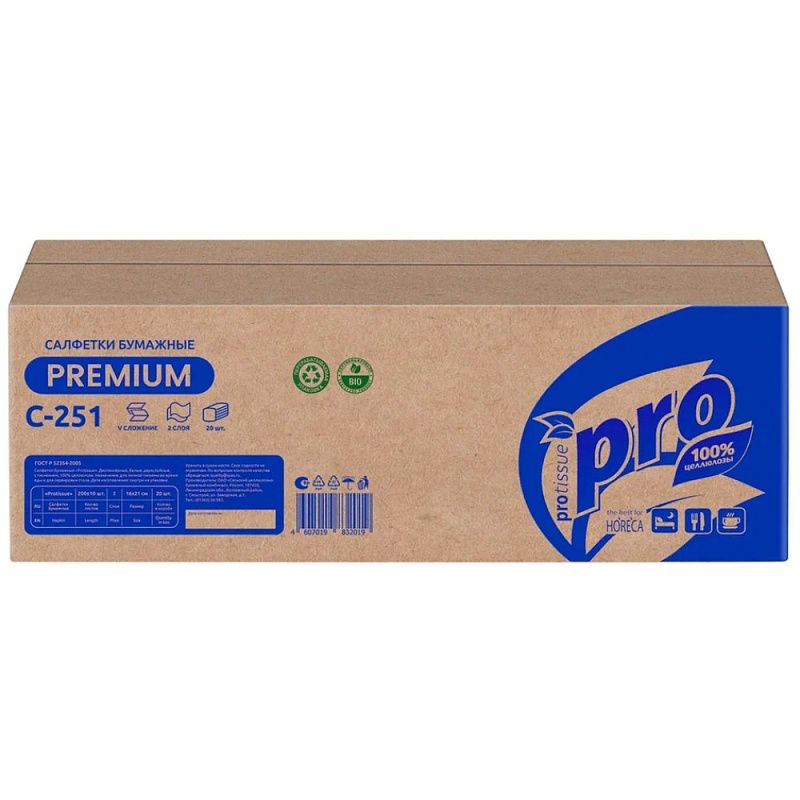 Салфетки бумажные PROtissue, 16х21см, 2 слоя, белый, 200 листов, 100% целлюлоза