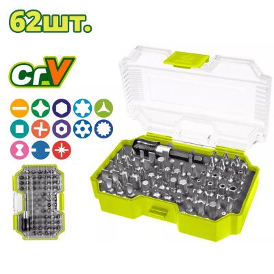 Набор бит HEX, Hex TR, Torx TR, Torx, PZ, SL, PH, Square, Torq-Set, Tri-Wing, Square Head, Spanner1/4", с держателем 62 пр DYLLU DTBS3B62