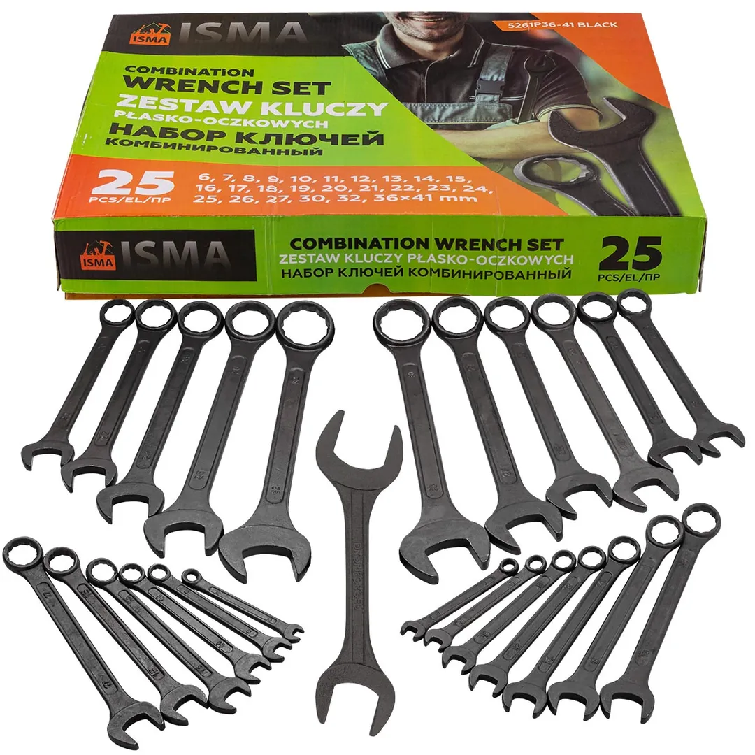 Набор ключей комбинированных 25 пр, 6-27, 30, 32, рожковый ключ 36х41 мм ISMA ISMA-5261P36-41 Black