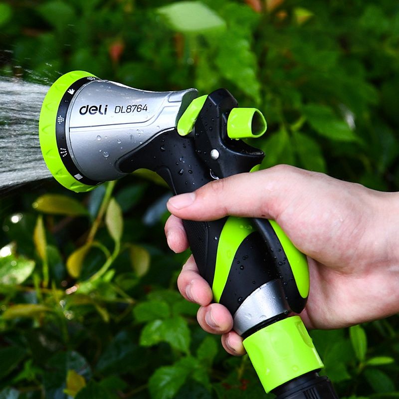 Пистолет-распылитель Deli GS EDL8764, 10 функций, быстросъем, фиксатор курка, корпус аллюм., черный, зеленый