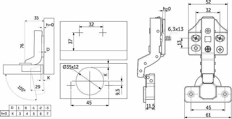 Петля внутренняя с доводчиком 45мм h0 clip-on 3D, еврошурупы, заглушки, упак 2 шт., PRIME by AKS 113408