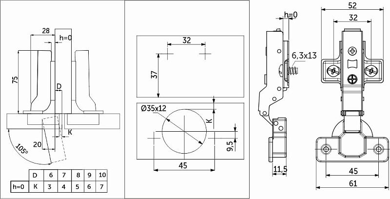 Петля полунакладная с доводчиком 45мм h0 clip-on, еврошурупы, заглушки, упак 2 шт., PRIME by AKS 113401