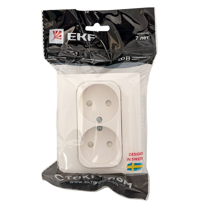 Стокгольм Розетка 2-местная б/з 10А автоматические клеммы белая с защ, штор, EKF PROxima EXR10-102-10