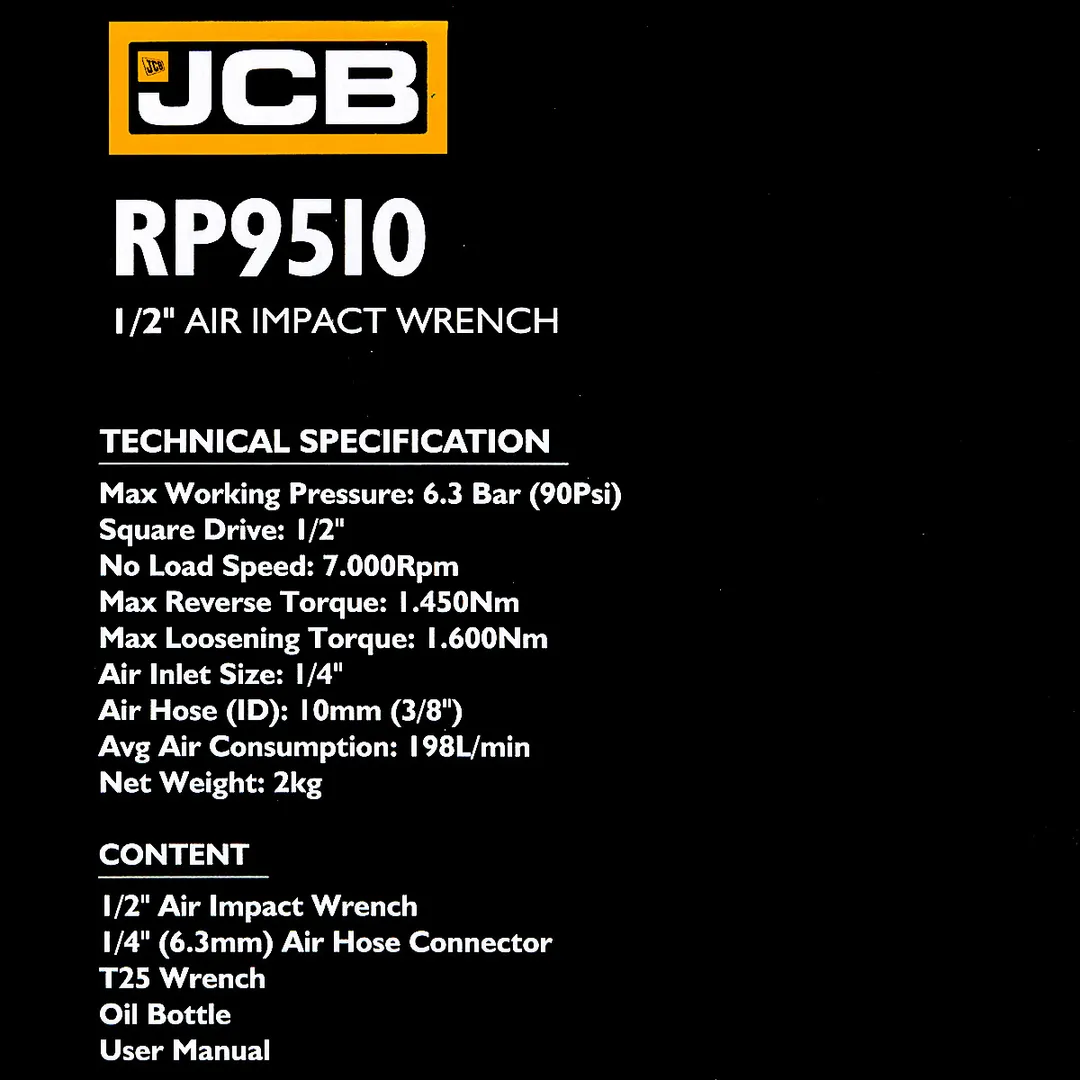 Пневмогайковерт ударный 1/2'' 1450 Нм ''Twin Hammer''с реверсом и регулировкой усилия JCB JCB-RP9510