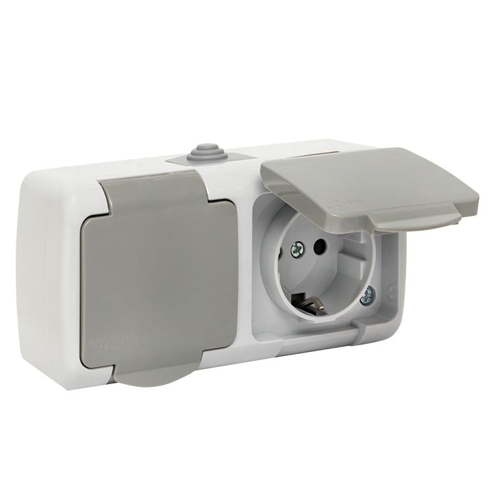 Мурманск Розетка 2-местная 16А с заземлением с крышкой IP54 серый с защитными шторками EKF EFR16-129-30-54